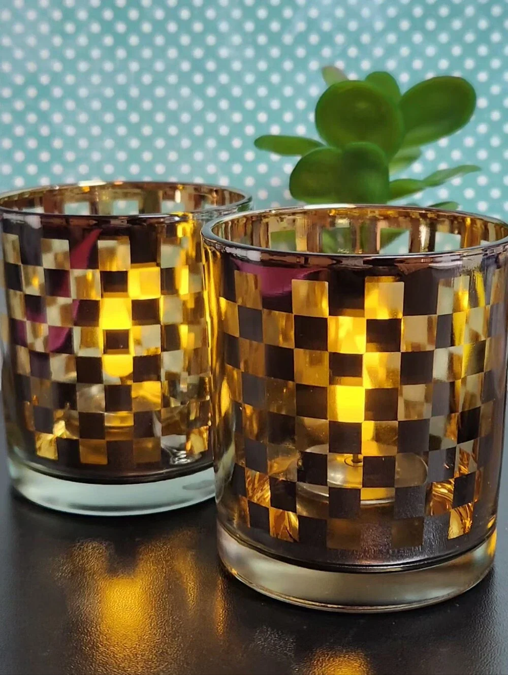 Vintage Bloomingdale's Gold Checkerboard Glass Votive Candle Holders Set Of 2